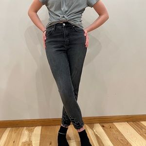 Celebrity pink high rise, faded black distressed jeans